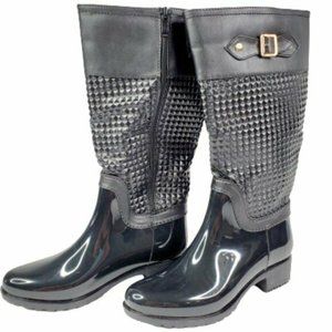 Top Moda Black Rubber Studded Buckle Tall Rain Boots